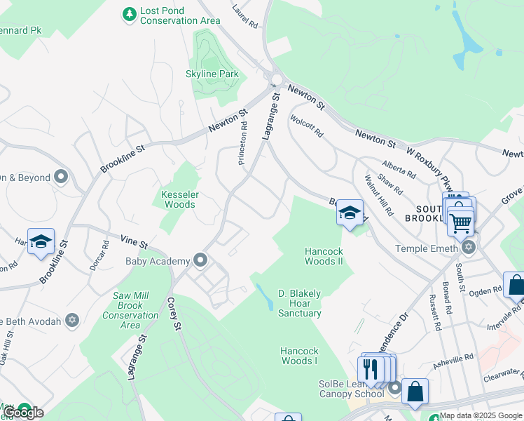 map of restaurants, bars, coffee shops, grocery stores, and more near 140 Rangeley Road in Brookline
