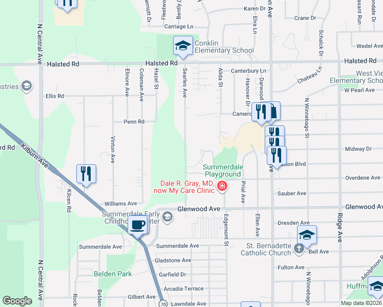 map of restaurants, bars, coffee shops, grocery stores, and more near 2919 Searles Avenue in Rockford