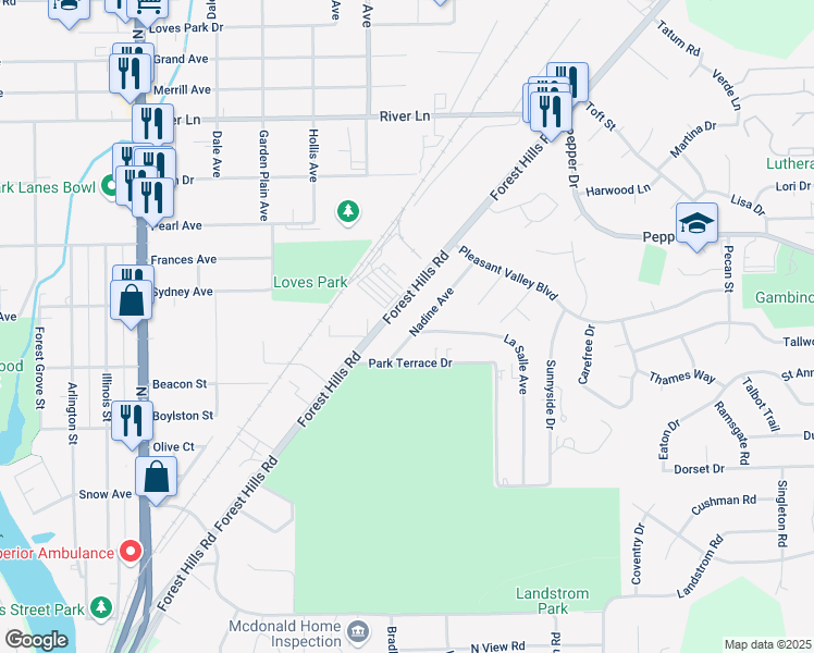 map of restaurants, bars, coffee shops, grocery stores, and more near 3126 Nadine Avenue in Rockford