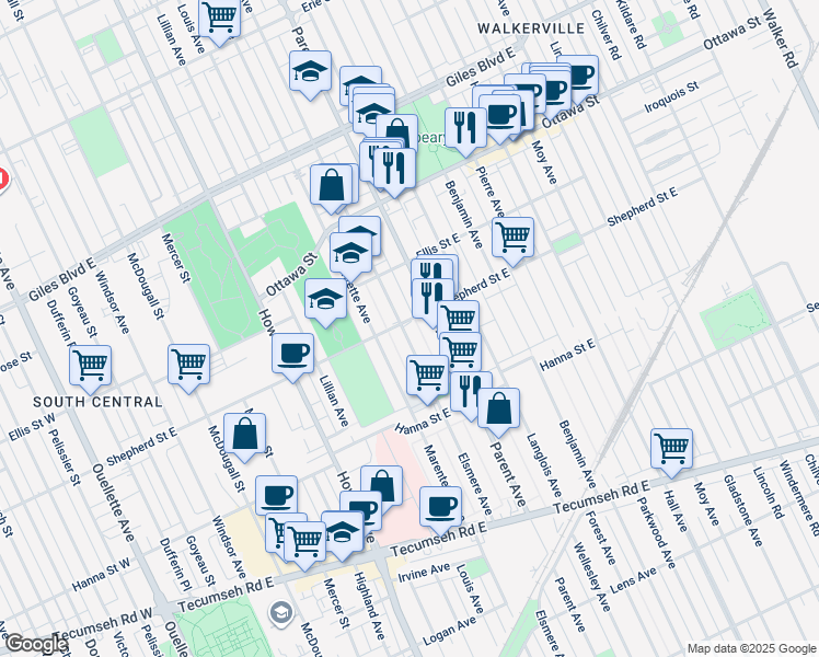 map of restaurants, bars, coffee shops, grocery stores, and more near 1504 Elsmere Avenue in Windsor