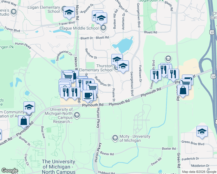 map of restaurants, bars, coffee shops, grocery stores, and more near 2970 Burlington Street in Ann Arbor