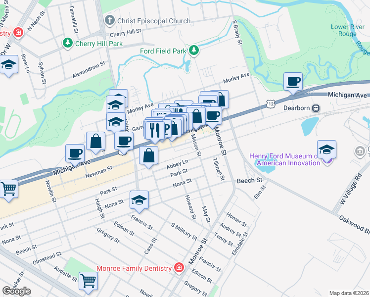 map of restaurants, bars, coffee shops, grocery stores, and more near 51 West Village Lane in Dearborn