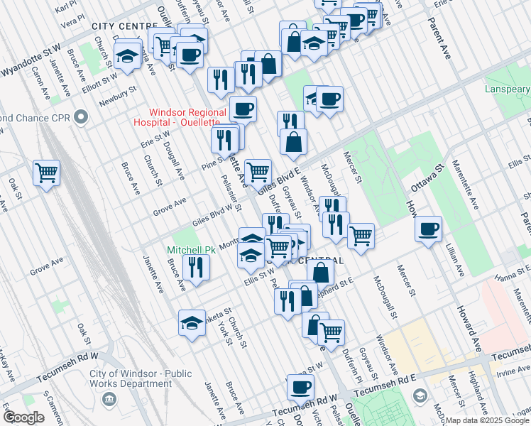 map of restaurants, bars, coffee shops, grocery stores, and more near 1260 Ouellette Avenue in Windsor