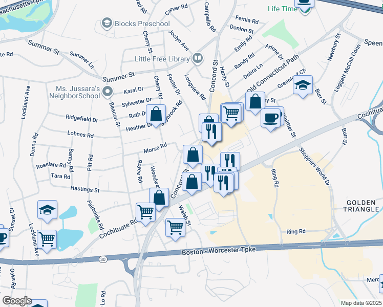 map of restaurants, bars, coffee shops, grocery stores, and more near 950 Concord Street in Framingham