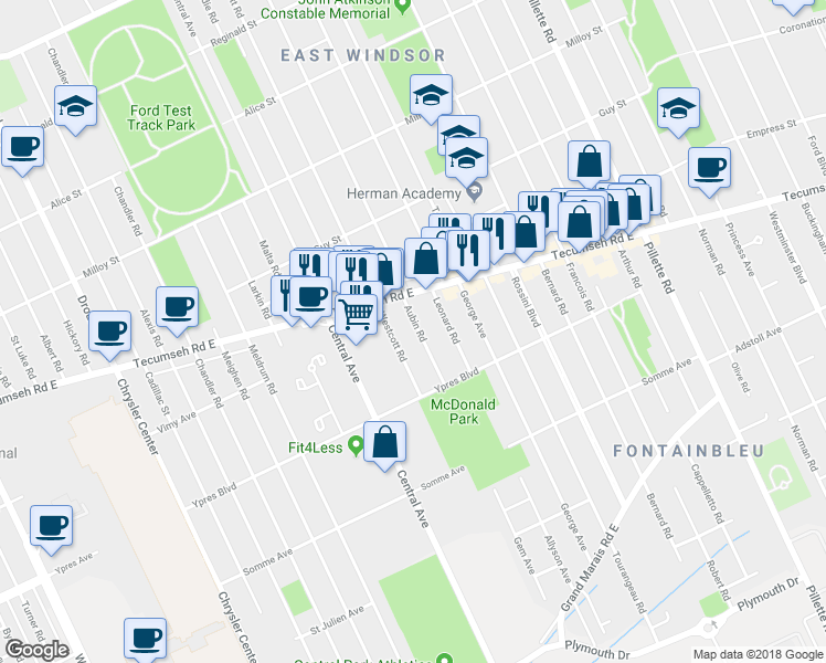 map of restaurants, bars, coffee shops, grocery stores, and more near 2337 Aubin Road in Windsor