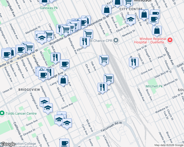 map of restaurants, bars, coffee shops, grocery stores, and more near 1004 Elm Avenue in Windsor