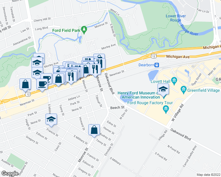 map of restaurants, bars, coffee shops, grocery stores, and more near 21900 Park Street in Dearborn