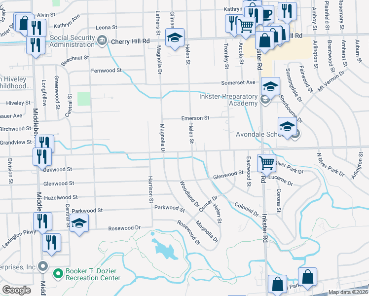 map of restaurants, bars, coffee shops, grocery stores, and more near 28018 Avondale Street in Inkster
