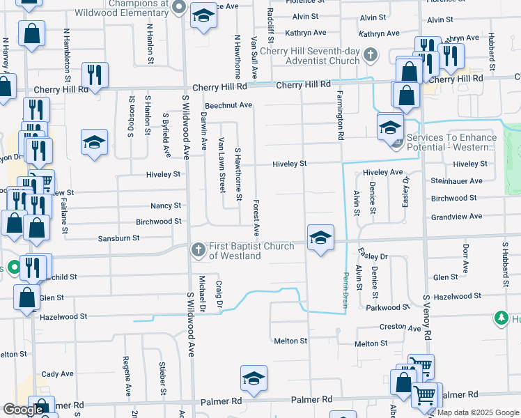 map of restaurants, bars, coffee shops, grocery stores, and more near 811 Forest Street in Westland