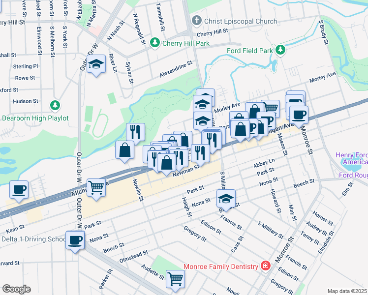 map of restaurants, bars, coffee shops, grocery stores, and more near 950 Howe Street in Dearborn