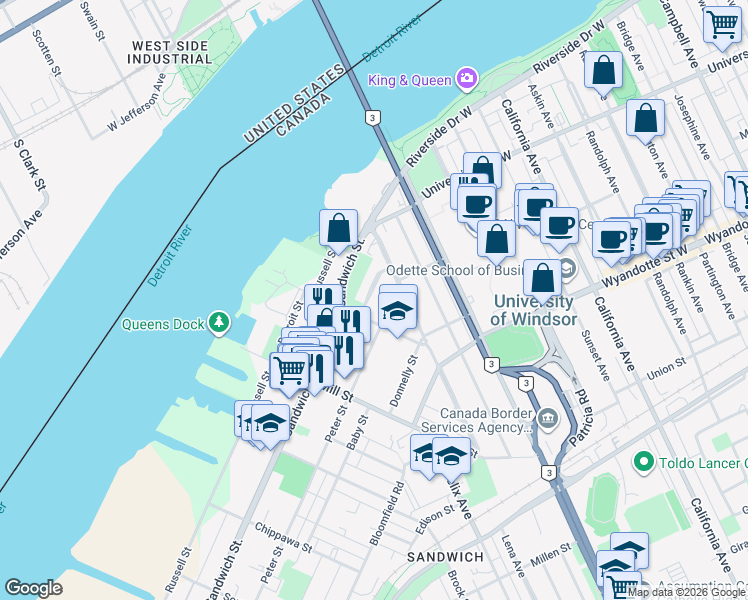 map of restaurants, bars, coffee shops, grocery stores, and more near 3069 Alexander Avenue in Windsor