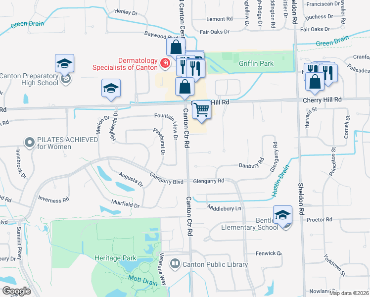 map of restaurants, bars, coffee shops, grocery stores, and more near 345 North Canton Center Road in Canton