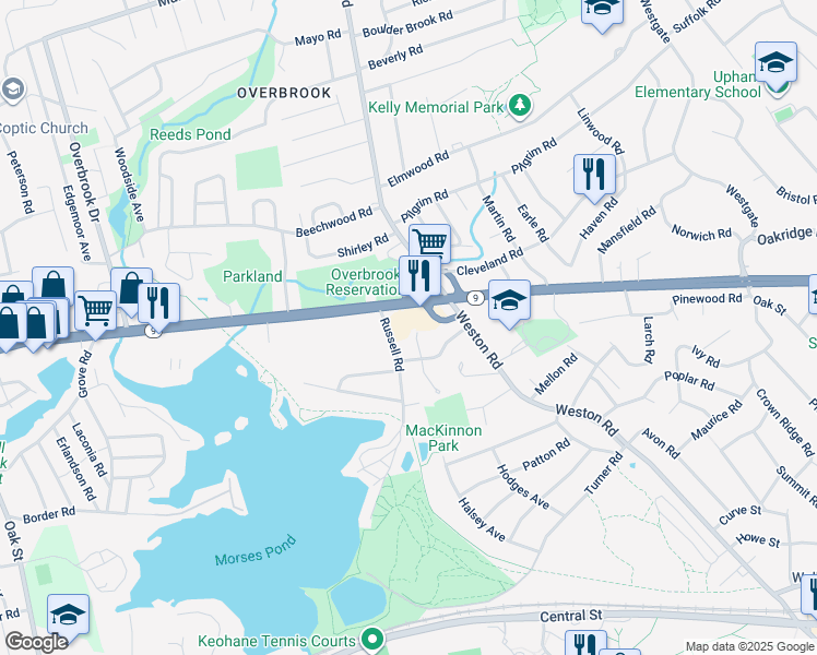 map of restaurants, bars, coffee shops, grocery stores, and more near 874 Massachusetts 9 in Wellesley