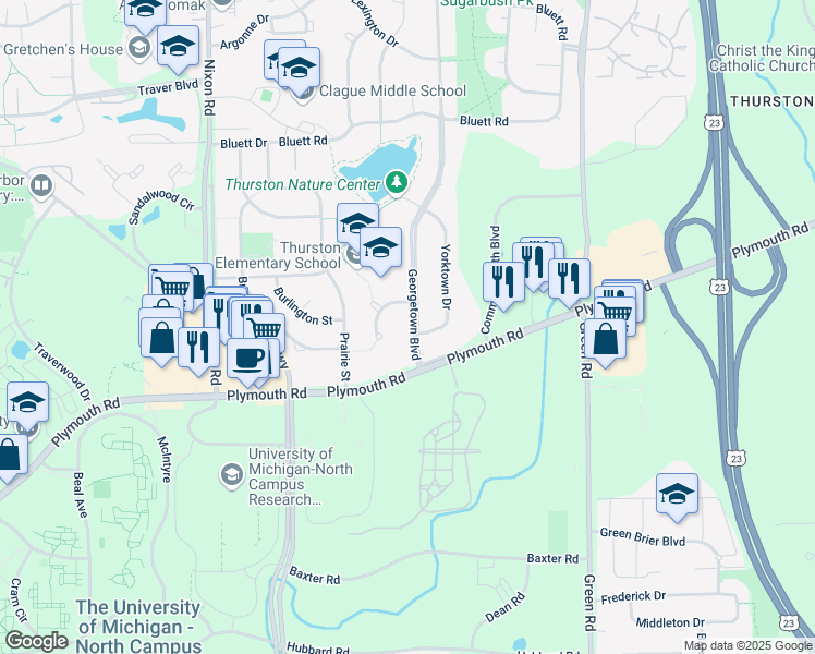 map of restaurants, bars, coffee shops, grocery stores, and more near 2059 Georgetown Boulevard in Ann Arbor