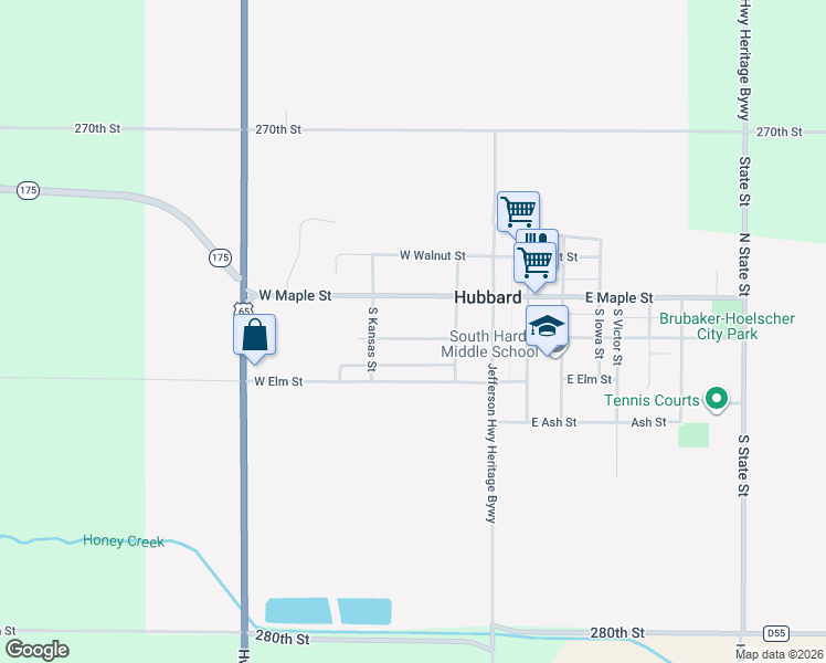 map of restaurants, bars, coffee shops, grocery stores, and more near 214 West Chestnut Street in Hubbard