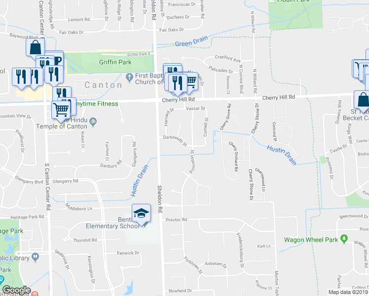 map of restaurants, bars, coffee shops, grocery stores, and more near 44173 Dartmouth Street in Canton