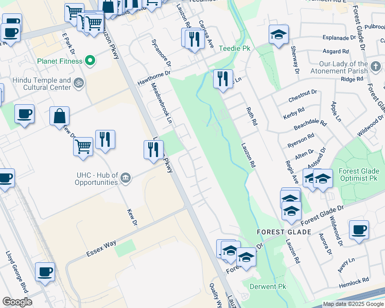 map of restaurants, bars, coffee shops, grocery stores, and more near 2910 Meadowbrook Lane in Windsor