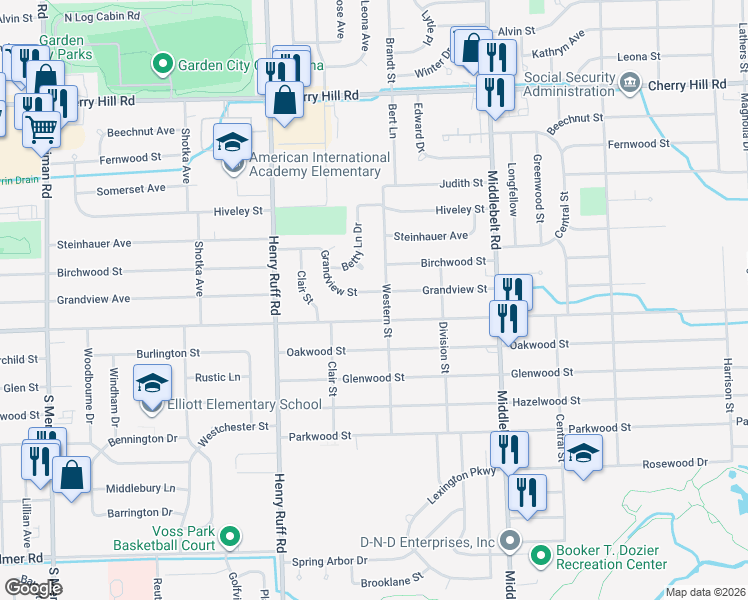 map of restaurants, bars, coffee shops, grocery stores, and more near 29941 Grandview St in Inkster