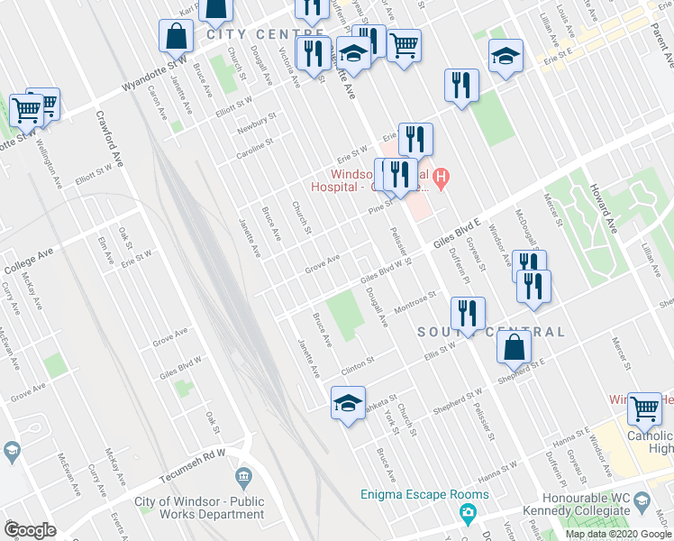 map of restaurants, bars, coffee shops, grocery stores, and more near 1170 Church Street in Windsor