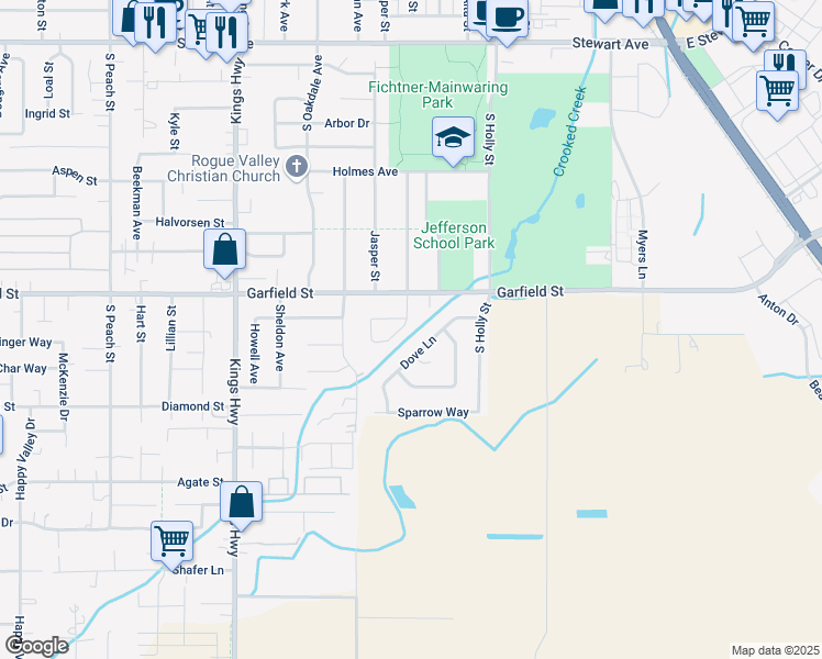 map of restaurants, bars, coffee shops, grocery stores, and more near 1719 South Ivy Circle in Medford