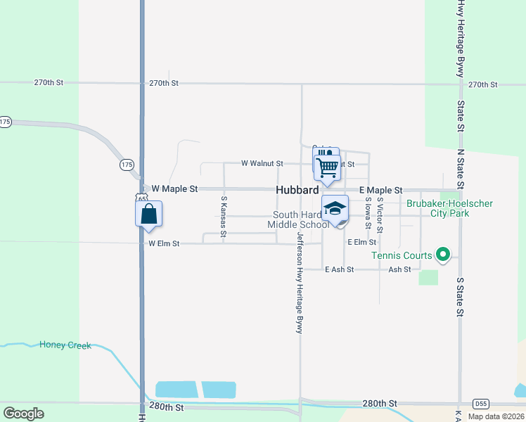 map of restaurants, bars, coffee shops, grocery stores, and more near 214 West Chestnut Street in Hubbard