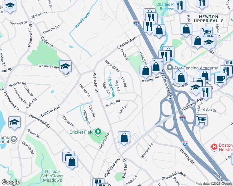 map of restaurants, bars, coffee shops, grocery stores, and more near 48 Gary Road in Needham