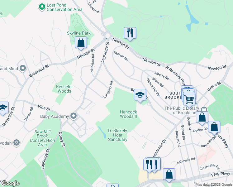 map of restaurants, bars, coffee shops, grocery stores, and more near 160 Princeton Road in Brookline