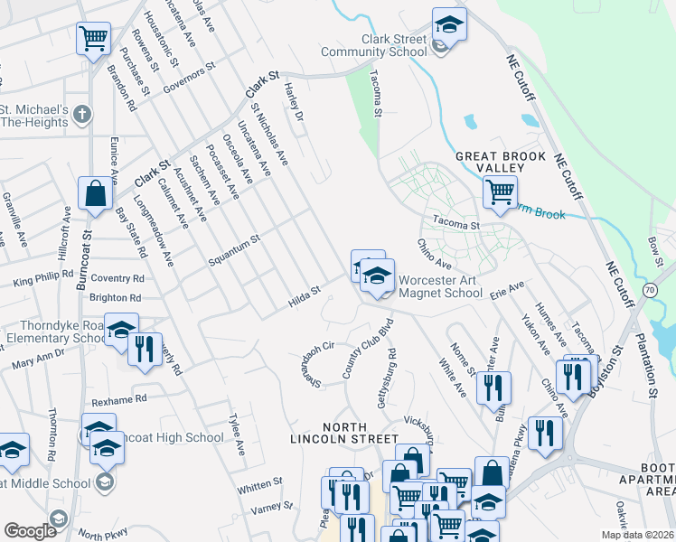 map of restaurants, bars, coffee shops, grocery stores, and more near 296 Saint Nicholas Avenue in Worcester