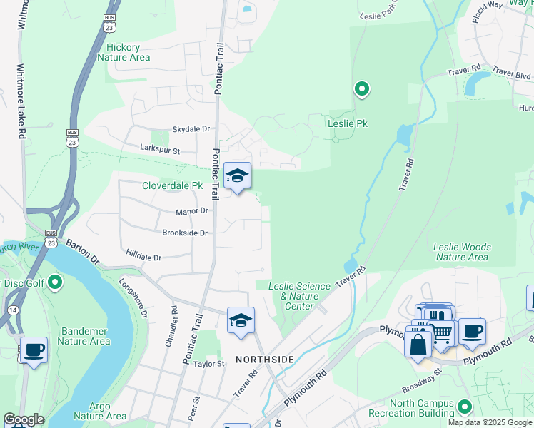 map of restaurants, bars, coffee shops, grocery stores, and more near 2106 Brookside Drive in Ann Arbor