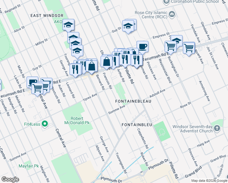 map of restaurants, bars, coffee shops, grocery stores, and more near 2426 Francois Road in Windsor