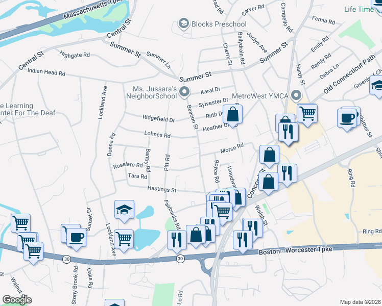 map of restaurants, bars, coffee shops, grocery stores, and more near 180 Beacon Street in Framingham