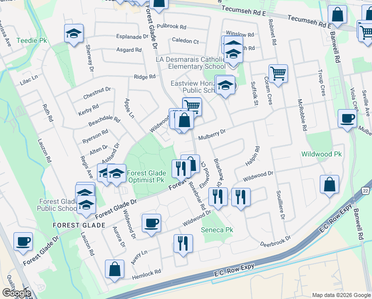 map of restaurants, bars, coffee shops, grocery stores, and more near 9962 Forest Glade Court in Windsor