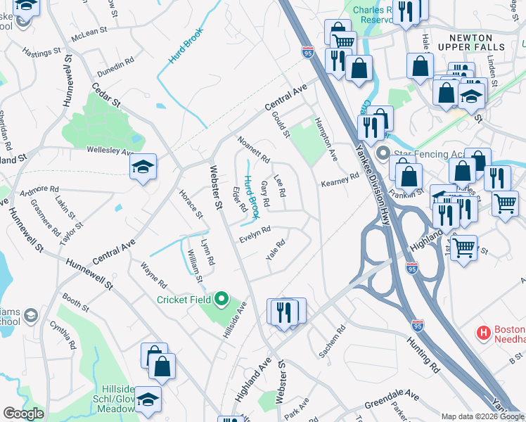 map of restaurants, bars, coffee shops, grocery stores, and more near 48 Gary Road in Needham