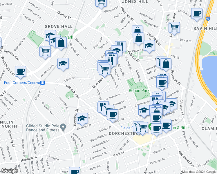 map of restaurants, bars, coffee shops, grocery stores, and more near 105 Norton Street in Boston