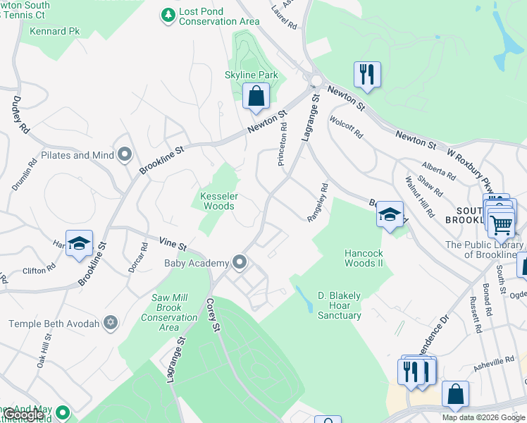 map of restaurants, bars, coffee shops, grocery stores, and more near 179 Lagrange Street in Newton