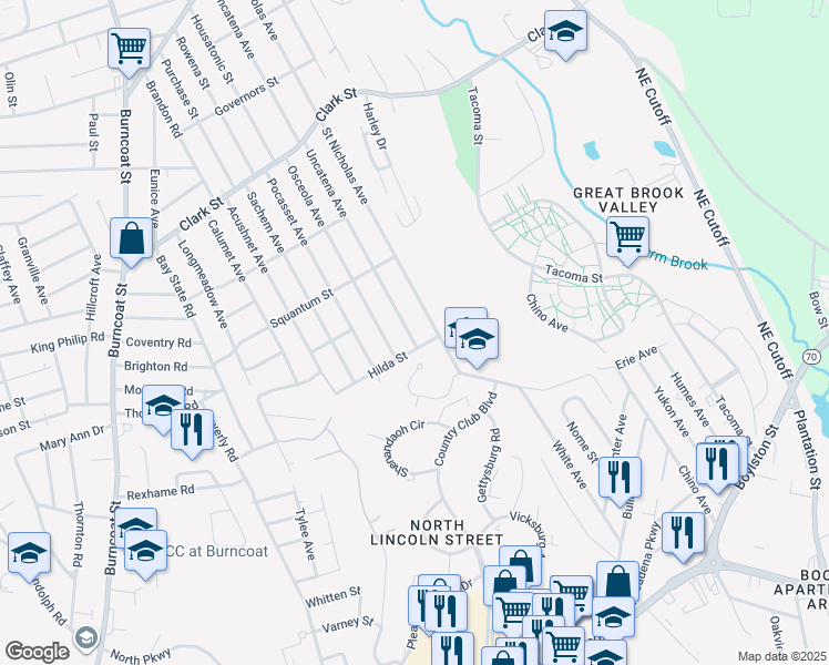 map of restaurants, bars, coffee shops, grocery stores, and more near 173 Uncatena Avenue in Worcester