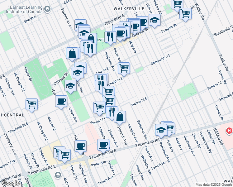 map of restaurants, bars, coffee shops, grocery stores, and more near 1538 Langlois Avenue in Windsor