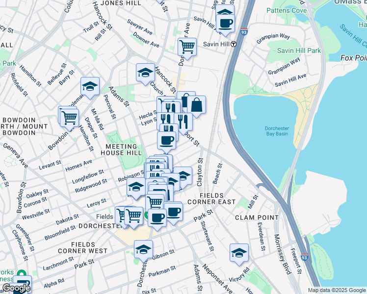 map of restaurants, bars, coffee shops, grocery stores, and more near 25 Kimball Street in Boston