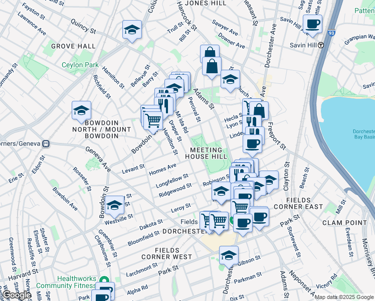map of restaurants, bars, coffee shops, grocery stores, and more near 77 Mount Ida Road in Boston
