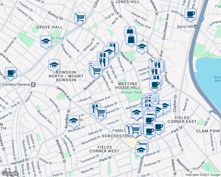 map of restaurants, bars, coffee shops, grocery stores, and more near 212 Hamilton Street in Boston