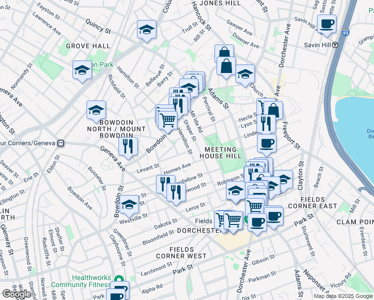 map of restaurants, bars, coffee shops, grocery stores, and more near 212 Hamilton Street in Boston
