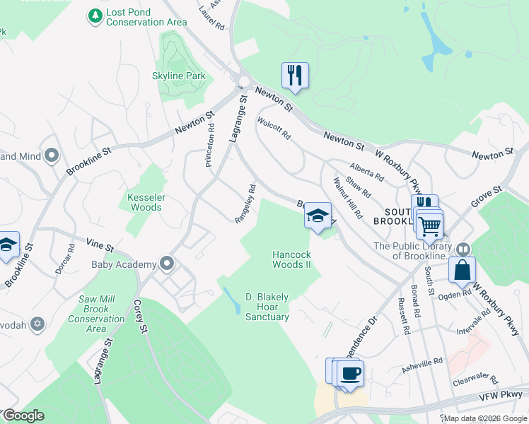 map of restaurants, bars, coffee shops, grocery stores, and more near 160 Princeton Road in Brookline