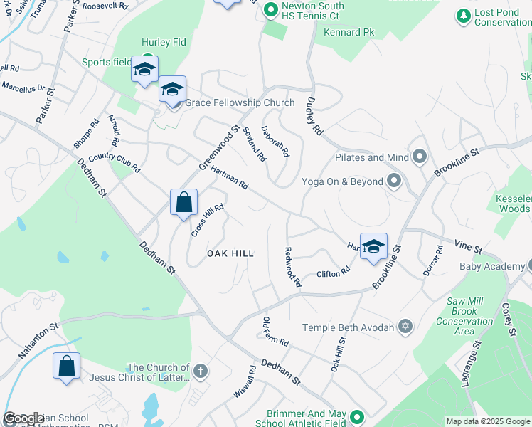 map of restaurants, bars, coffee shops, grocery stores, and more near 108 Lovett Road in Newton