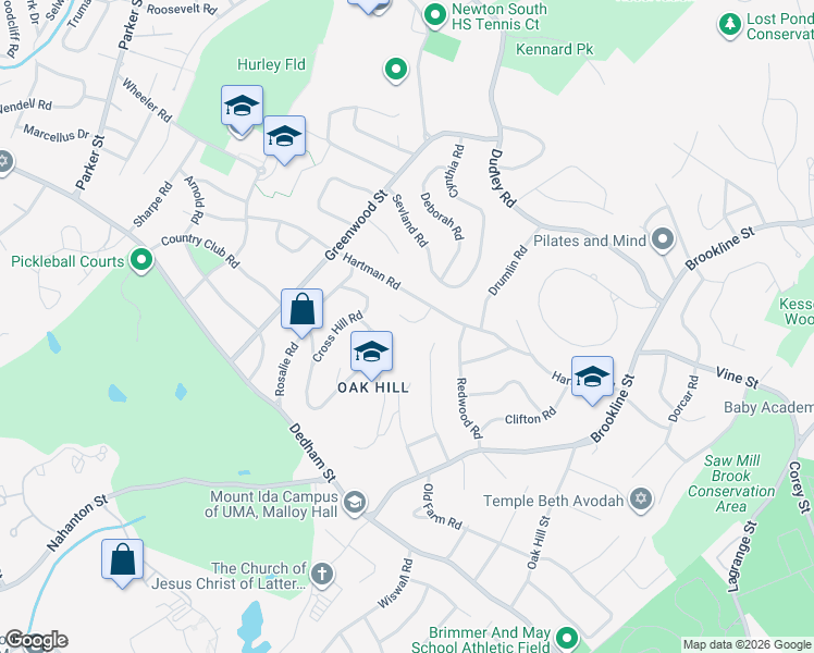 map of restaurants, bars, coffee shops, grocery stores, and more near 34 Cottonwood Road in Newton
