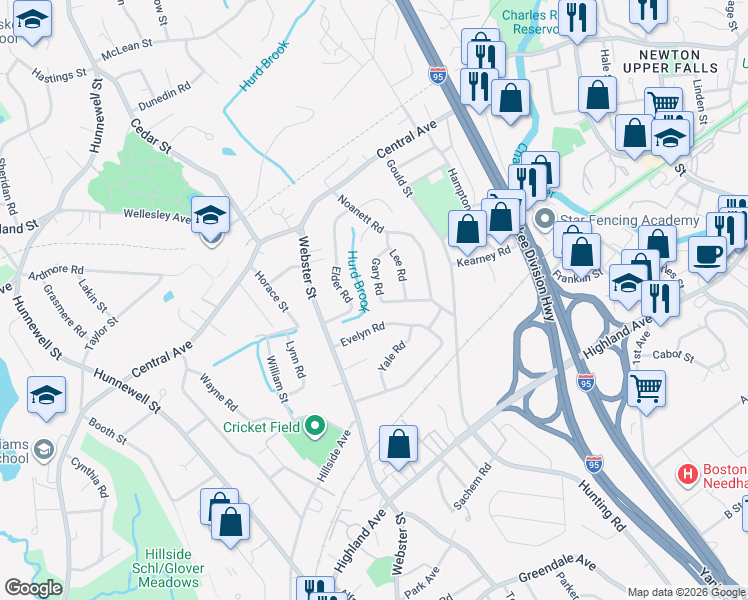 map of restaurants, bars, coffee shops, grocery stores, and more near 48 Gary Road in Needham