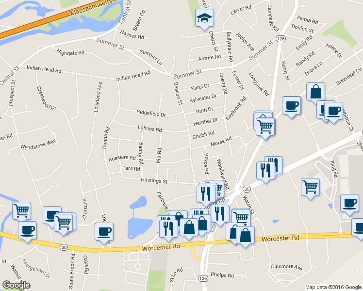 map of restaurants, bars, coffee shops, grocery stores, and more near 180 Beacon Street in Framingham