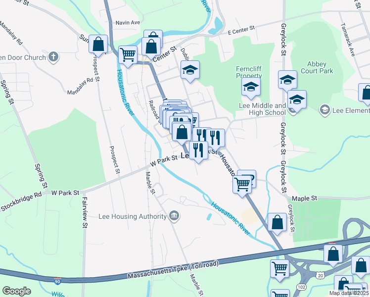 map of restaurants, bars, coffee shops, grocery stores, and more near 76 West Park Street in Lee