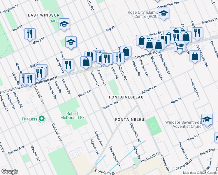 map of restaurants, bars, coffee shops, grocery stores, and more near 2426 Francois Road in Windsor