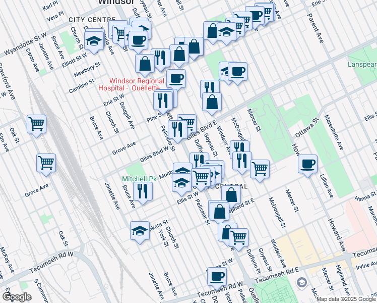 map of restaurants, bars, coffee shops, grocery stores, and more near 1255 Ouellette Avenue in Windsor