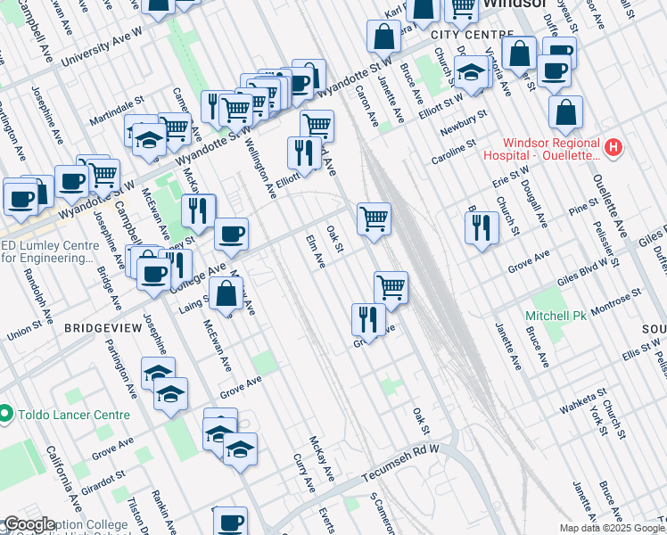 map of restaurants, bars, coffee shops, grocery stores, and more near in Windsor